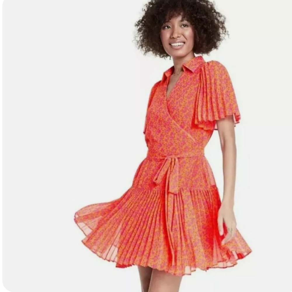 Alexis for Target Orange Pink Floral Print Wrap Flutter Dress sz Small new